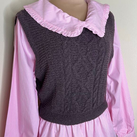 Anthropologie Maeve Layered Sweater Vest Top Medium Women Brown Pink Poplin Knit - Picture 6 of 11